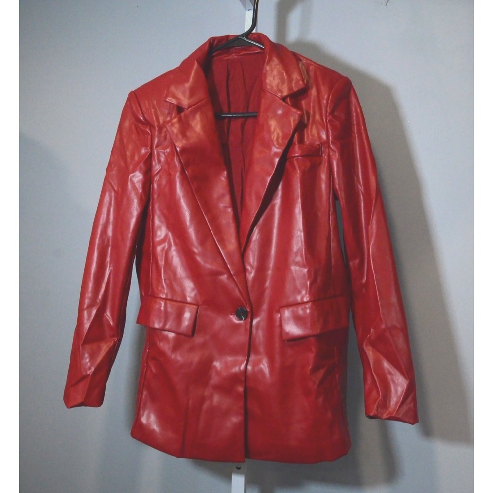 NWOT Unbranded Womens Size S Burgundy Faux-Leather Jacket Single Button Closure